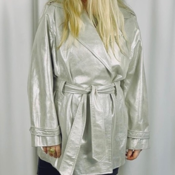 Vintage 2000’s ‘Chico’s’ Suede Belted Leather Jacket Trench Coat in Silver - L - Picture 3 of 9